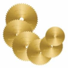 Набор отрезных кругов 6шт и 2 держателя, дисковых пил 22-50мм, HSS, золотистые Набор отрезных кругов 6шт и 2 держателя, дисковых пил 22-50мм, HSS, золотистые