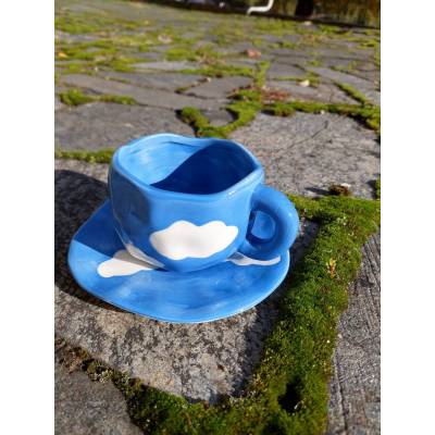 Чашка для кави синя з хмаринками, кухоль, блюдце набір для кави