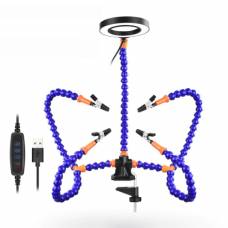 Держатель плат для пайки, третья рука, 5 гибких валов, c лупой и LED Держатель плат для пайки, третья рука, 5 гибких валов, c лупой и LED