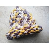 Шапка из шерсти мериноса хельсинки крупная вязка трехцветная желтый серый кремовый
