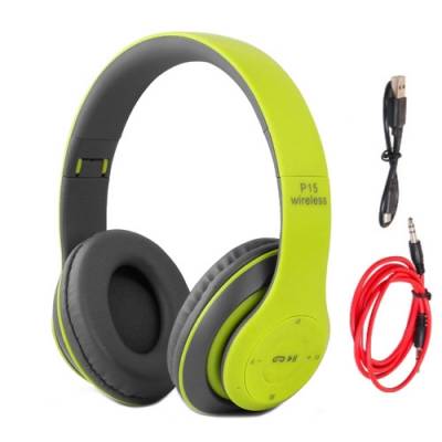 Навушники бездротові Bluetooth гарнітура P15 MicroSD FM, зелені